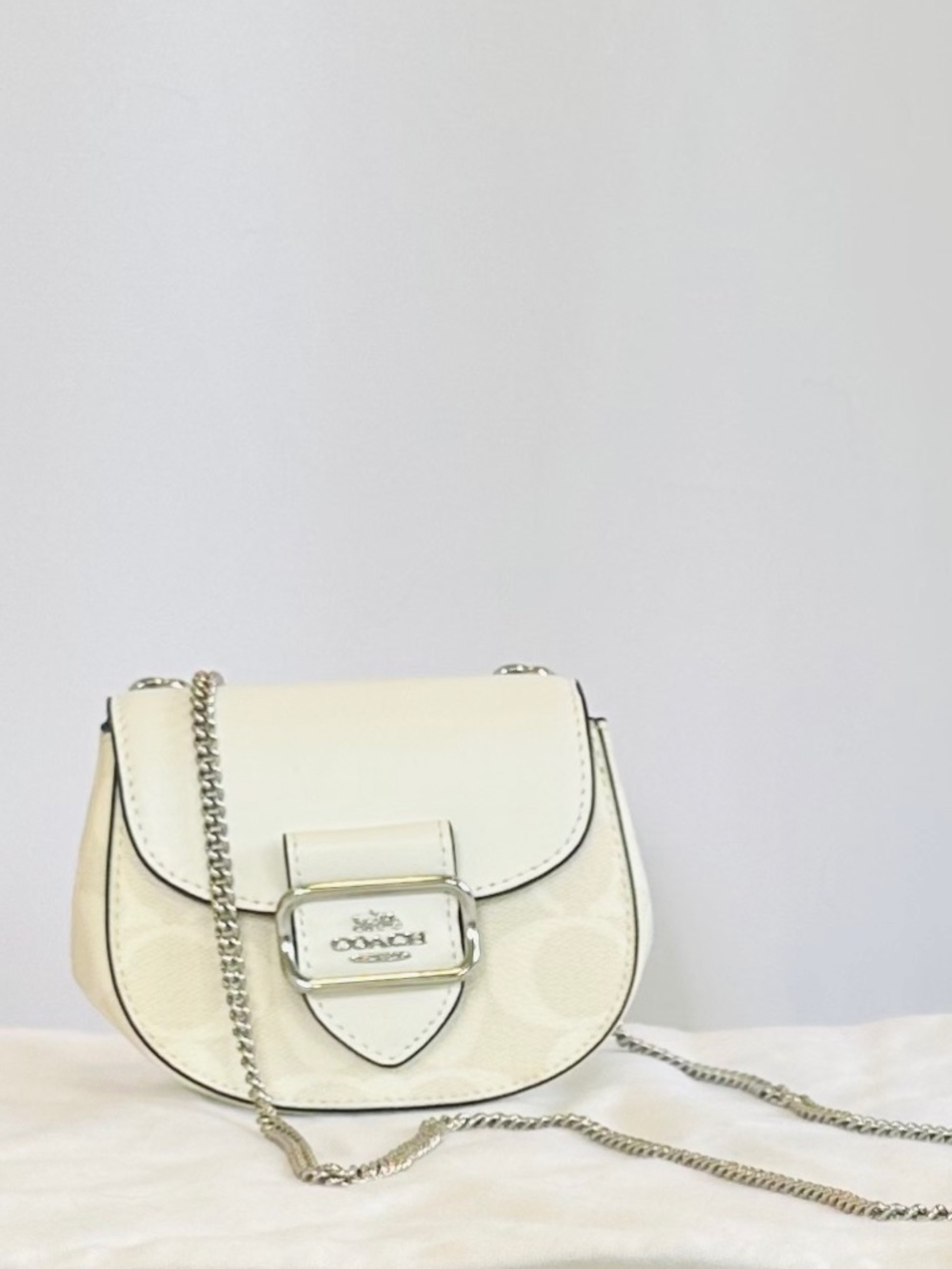 COACH Morgan Card Case On A Chain - Tonal Chalk White Monogram (Pristine)